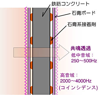 GL工法による防音性能の低下の説明 / 鉄筋コンクリート、石膏系接着剤、中空層、石膏ボードの断面図